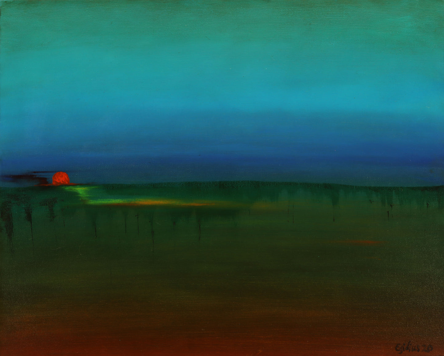 Green Haze Sunset. Oil on deep box canvas 30 x 24". Original abstract oil painting ready to hang