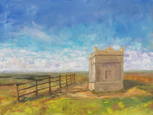 Rivington Pike tower. Winter Hill, Chorley, Lancashire, UK. Plein air Oil on panel 12 x 16". Handmade original oil painting.
