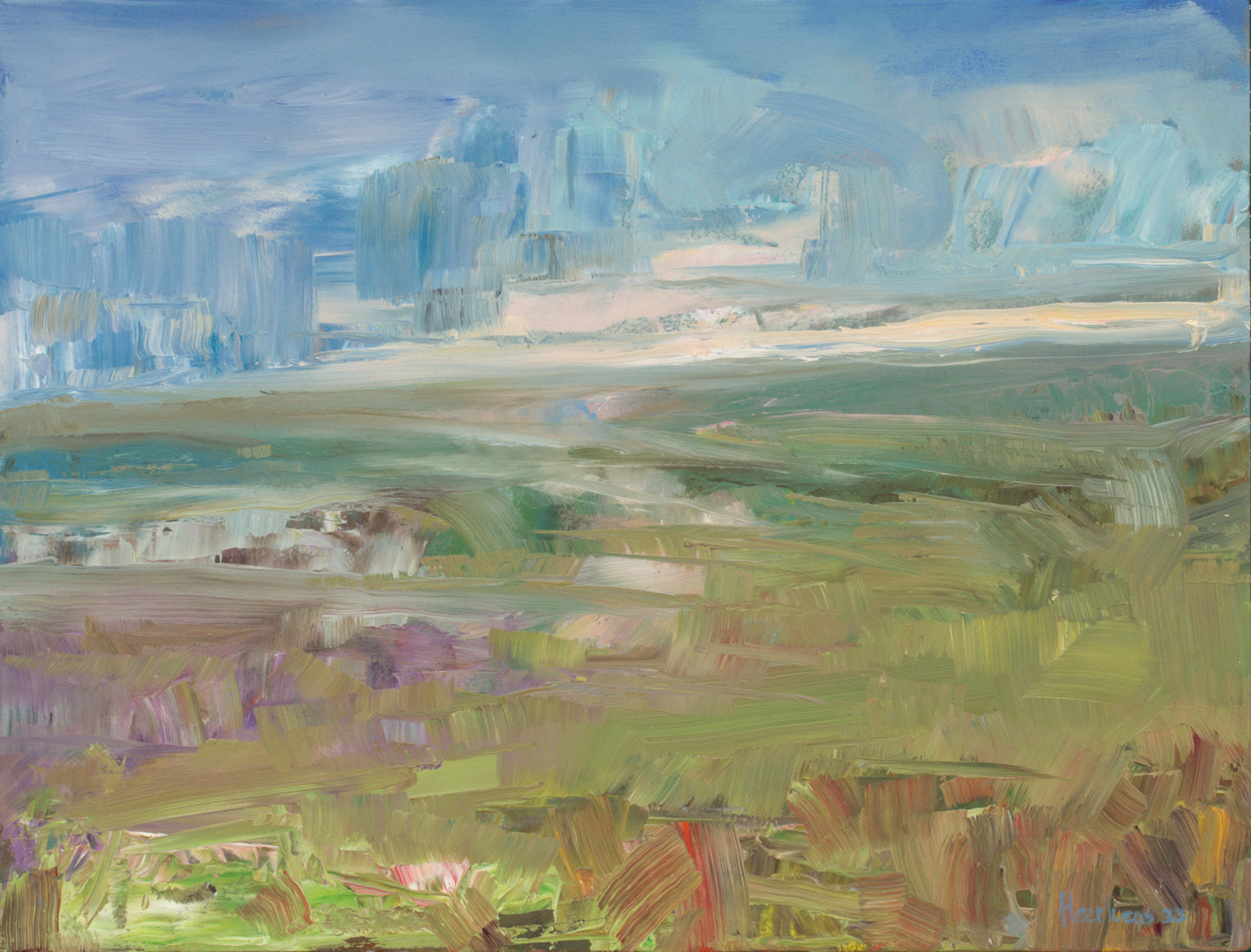 Panoramic view Parbold Hill Lancashire UK. Abstracted Oil study on Panel 12 x 9"