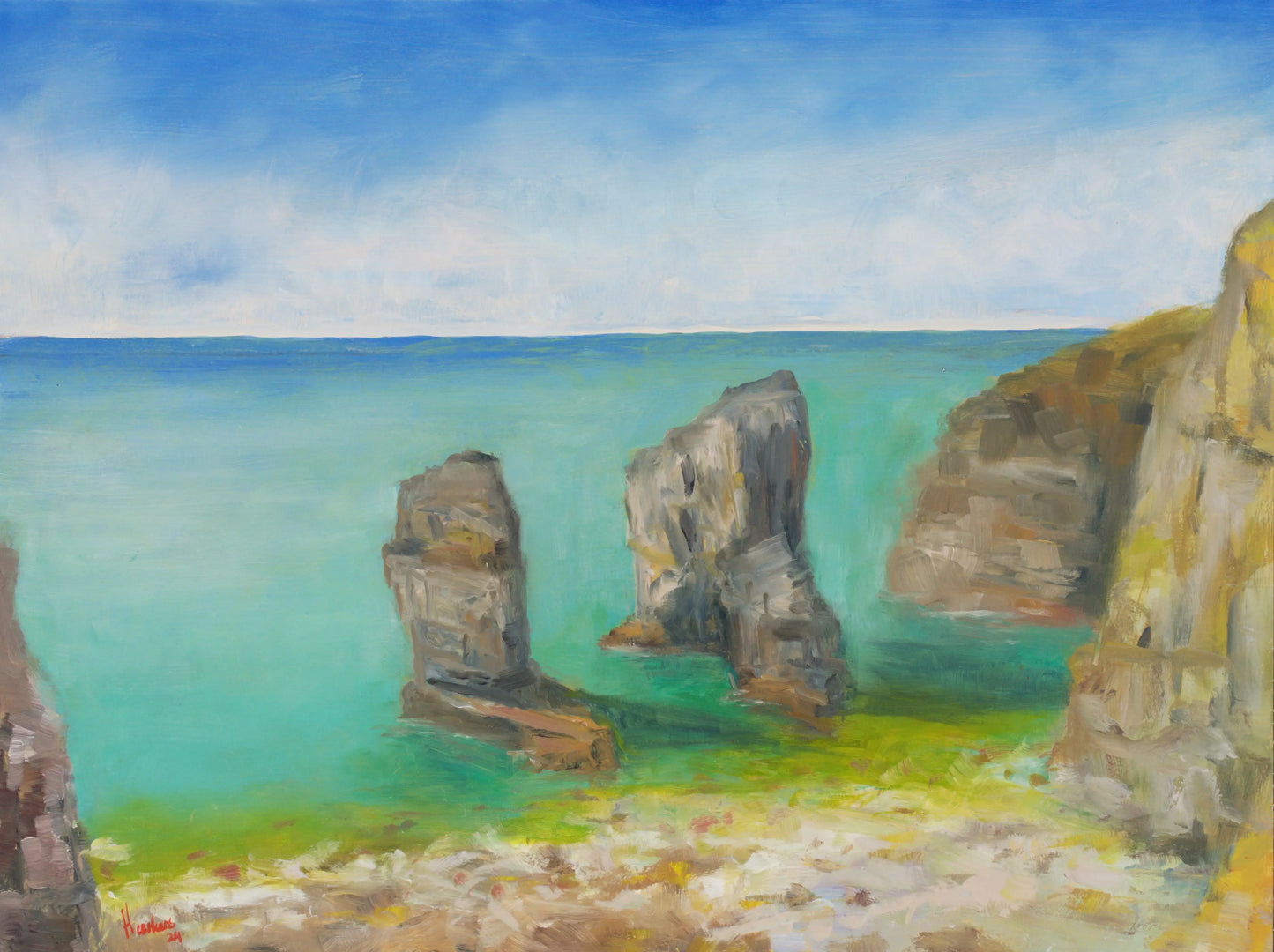Elegug stacks Pembrokeshire Wales UK. Original one of a kind handmade oil painting 12 x 16 " impressionist artwork Egidius Heerkens