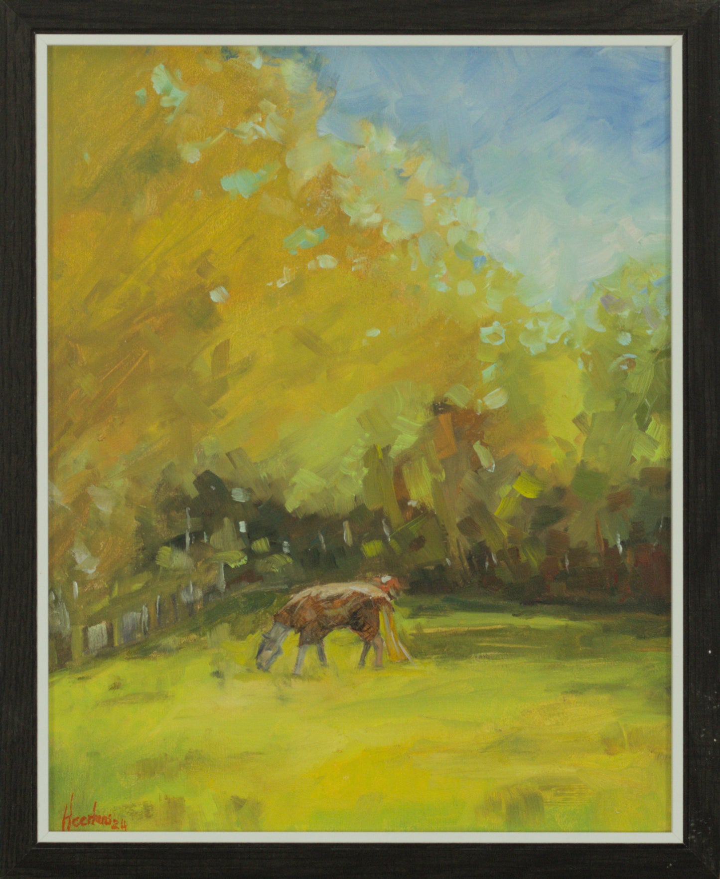 Handmade horse field oil on Panel painting, plein air, Framed Landscape Art (8x10 inch)