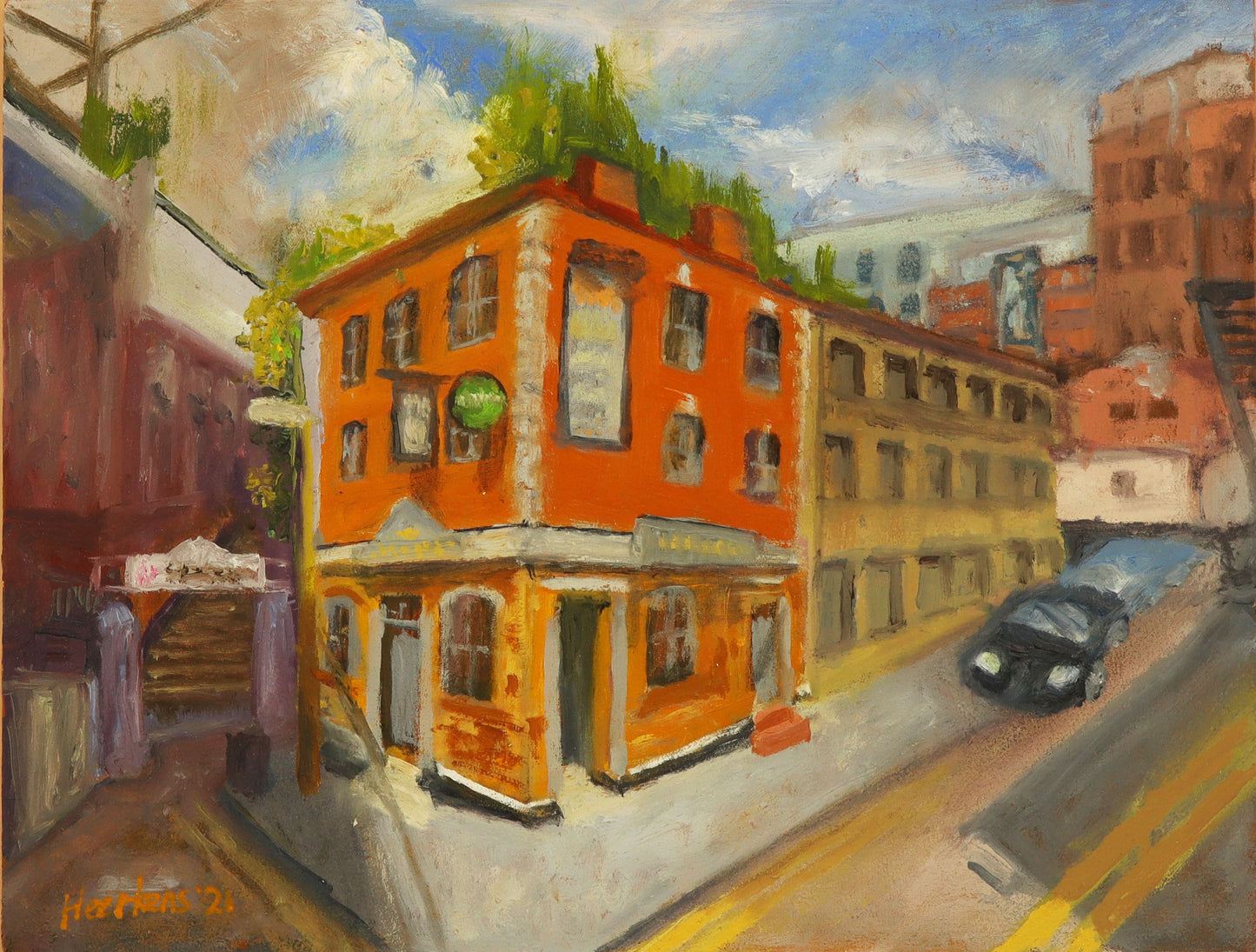 Sailisbury pub Manchester Oxford Road. Original plein air oil painting 9x12"