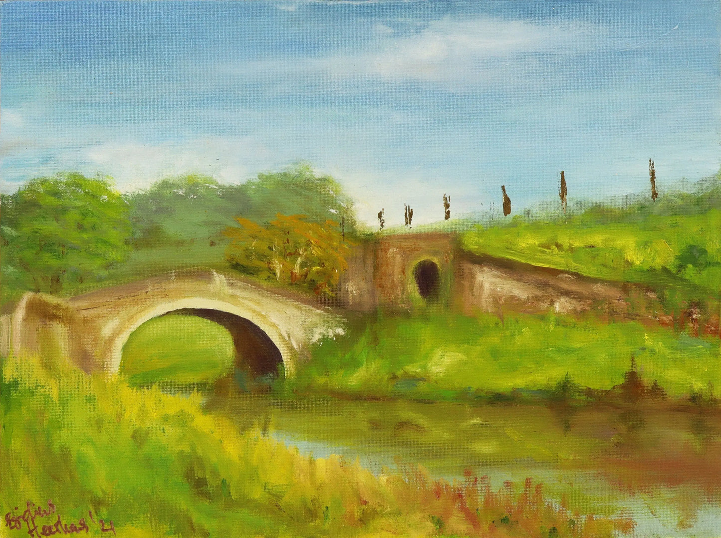 Canal bridge. Original plein air oil painting landscape one of a kind handmade impressionism 12 x 16 " artwork Egidius Heerkens