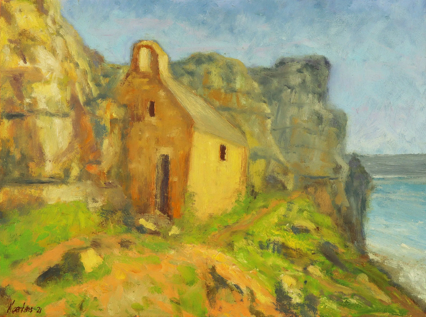 St Govans Chapel Wales. Original plein air oil painting landscape one of a kind handmade impressionistic 12 x 16 " artwork Egidius Heerkens