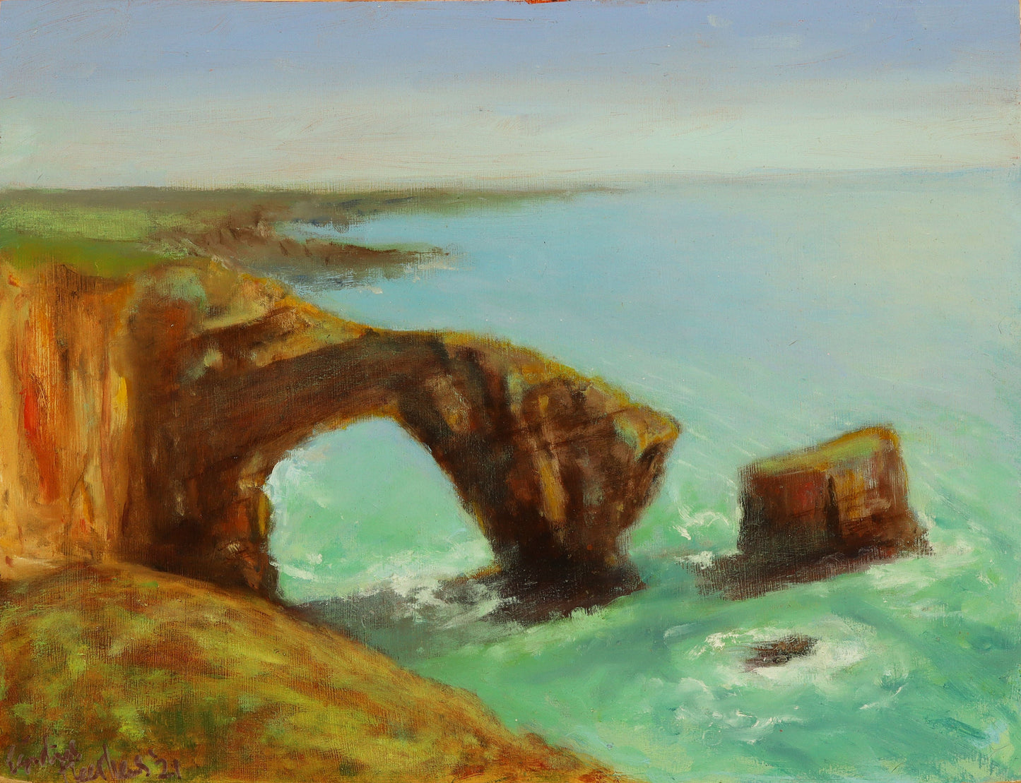 Green Bridge Wales. Original plein air oil painting seascape one of a kind handmade 12 x 16 " artwork impressionim.