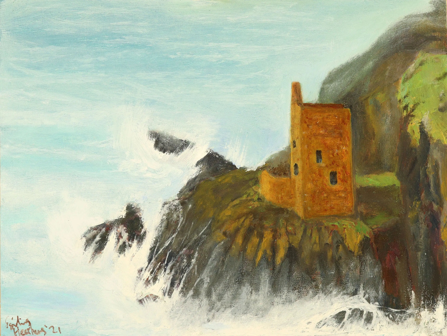 Botallack Mine Cornwall. Original oil painting seascape one of a kind handmade impressionism 12 x 16 " artwork Egidius Heerkens