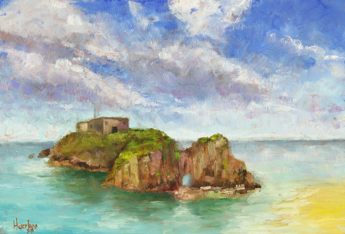 St Catherines Island Wales. Seascape original one of a kind handmade oil painting 12 x 8 " impressionist artwork plein air Egidius Heerkens
