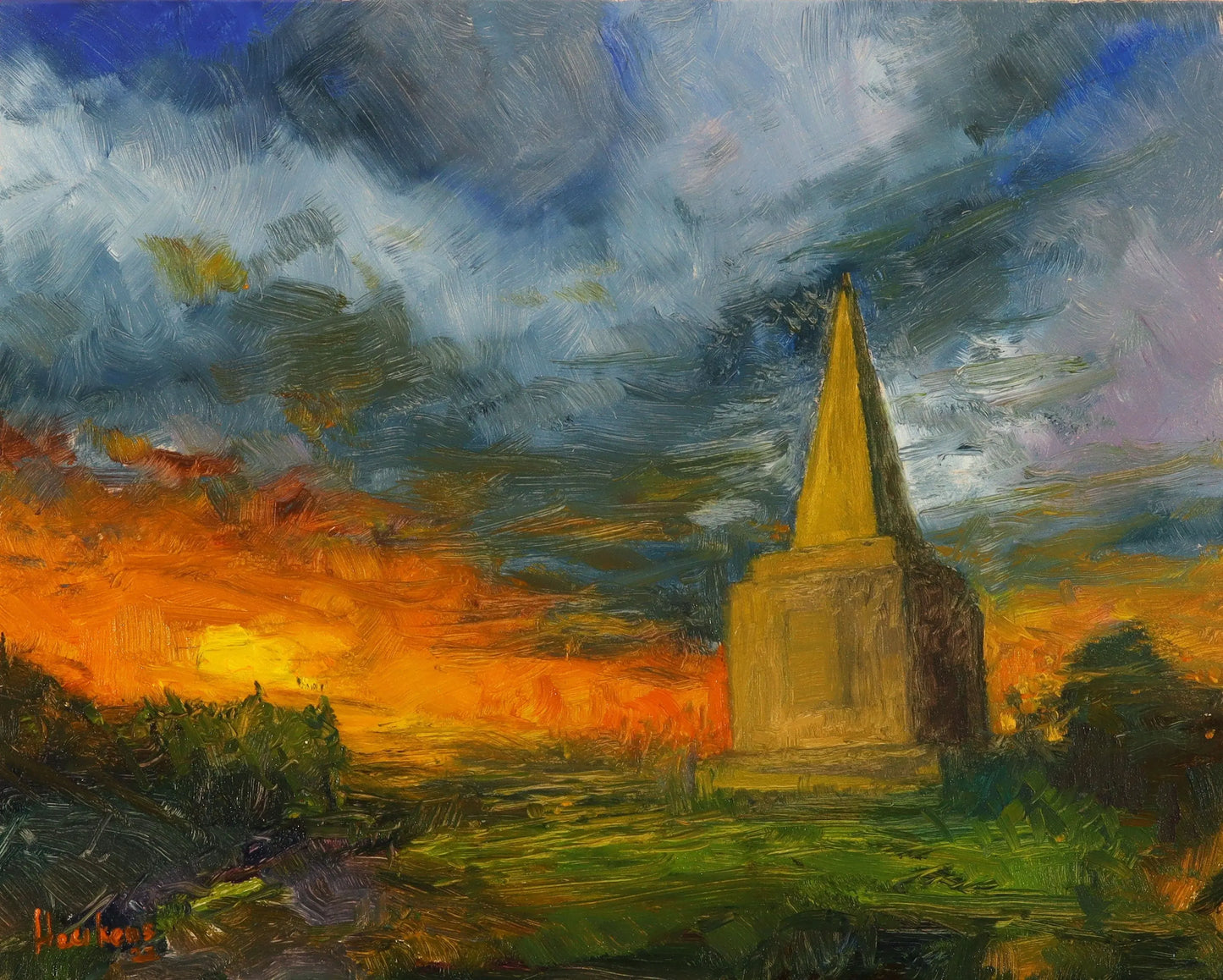 Ashurts Beacon, Dalton, Lancashire - Original one of a kind handmade oil painting impressionist artwork on 10 x 8" panel Egidius Heerkens