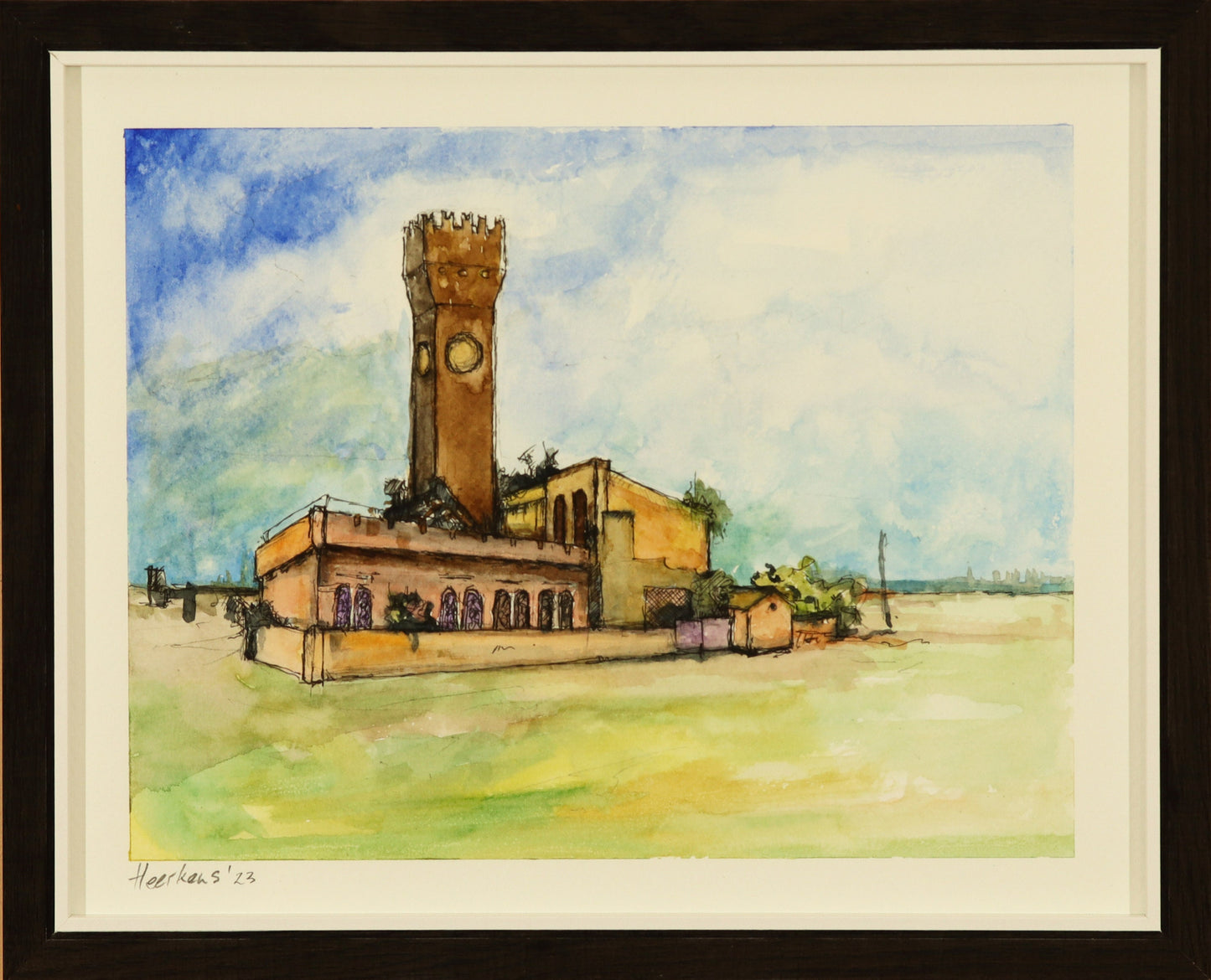 Birkenhead hydrolic tower Merseyside Liverpool Cityscape Industrial. Original, one of a kind handmade watercolor painting 8 x 10" framed.