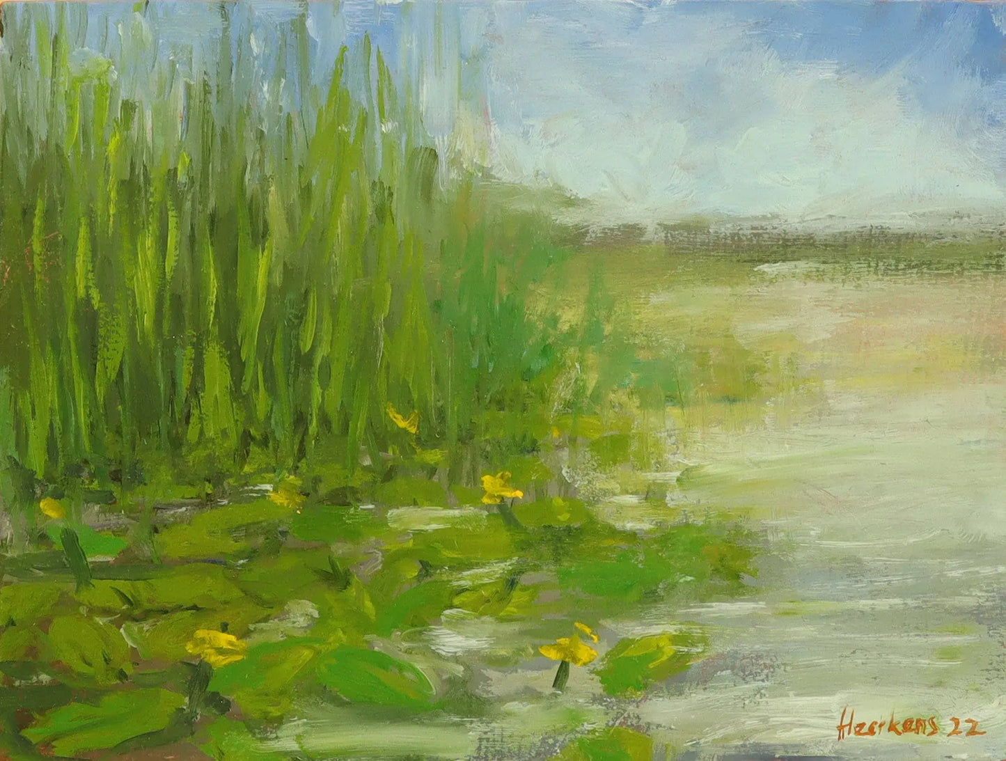 Spatterdock Lilly Liverpool & Leeds canal lancashire. Original contemporary abstract one of a kind handmade impressionist 6 x 8" artwork Egidius Heerkens