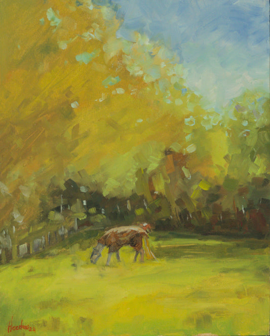 Handmade horse field oil on Panel painting, plein air, Framed Landscape Art (8x10 inch)