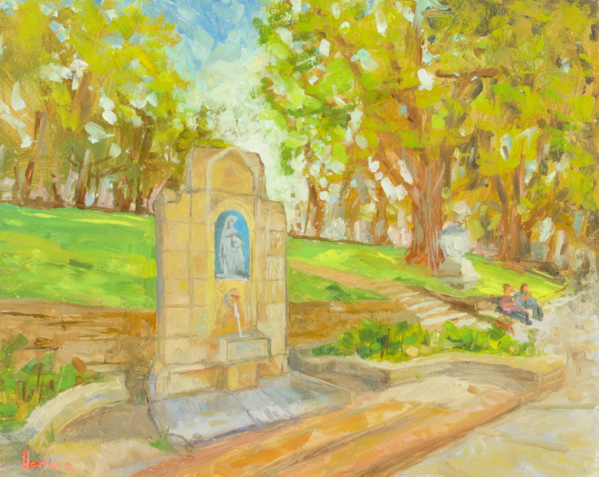 Public water fountain St Ann's well Buxton, Derbyshire. Original plein air oil painting 8x10" Egidius Heerkens
