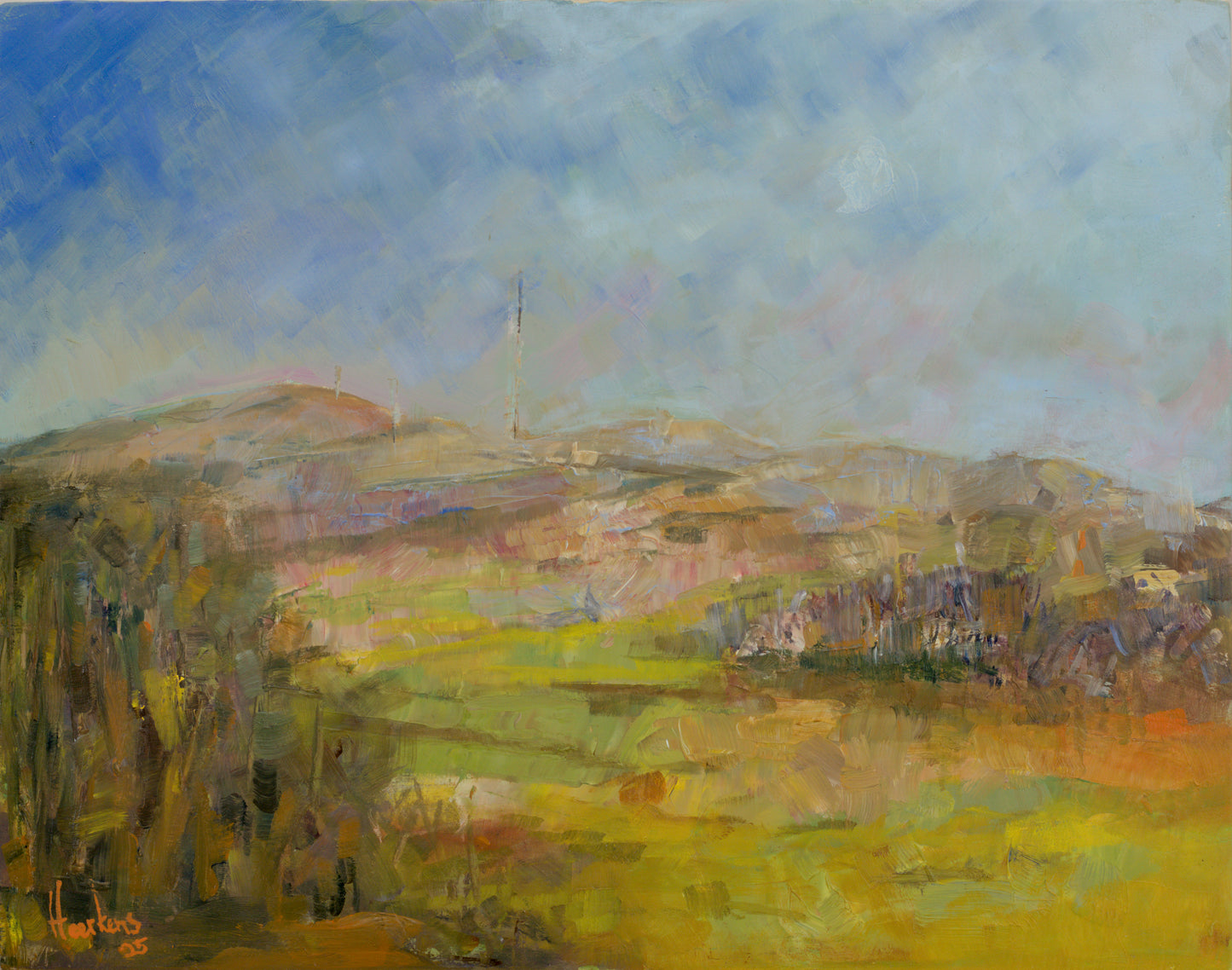 Winter Hill Lancashire - distant views from Jolly Tar Lane. Plein air oil painting on baltic birch ply panel 10 x 8"