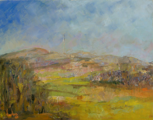 Winter Hill Lancashire - distant views from Jolly Tar Lane. Plein air oil painting on baltic birch ply panel 10 x 8"