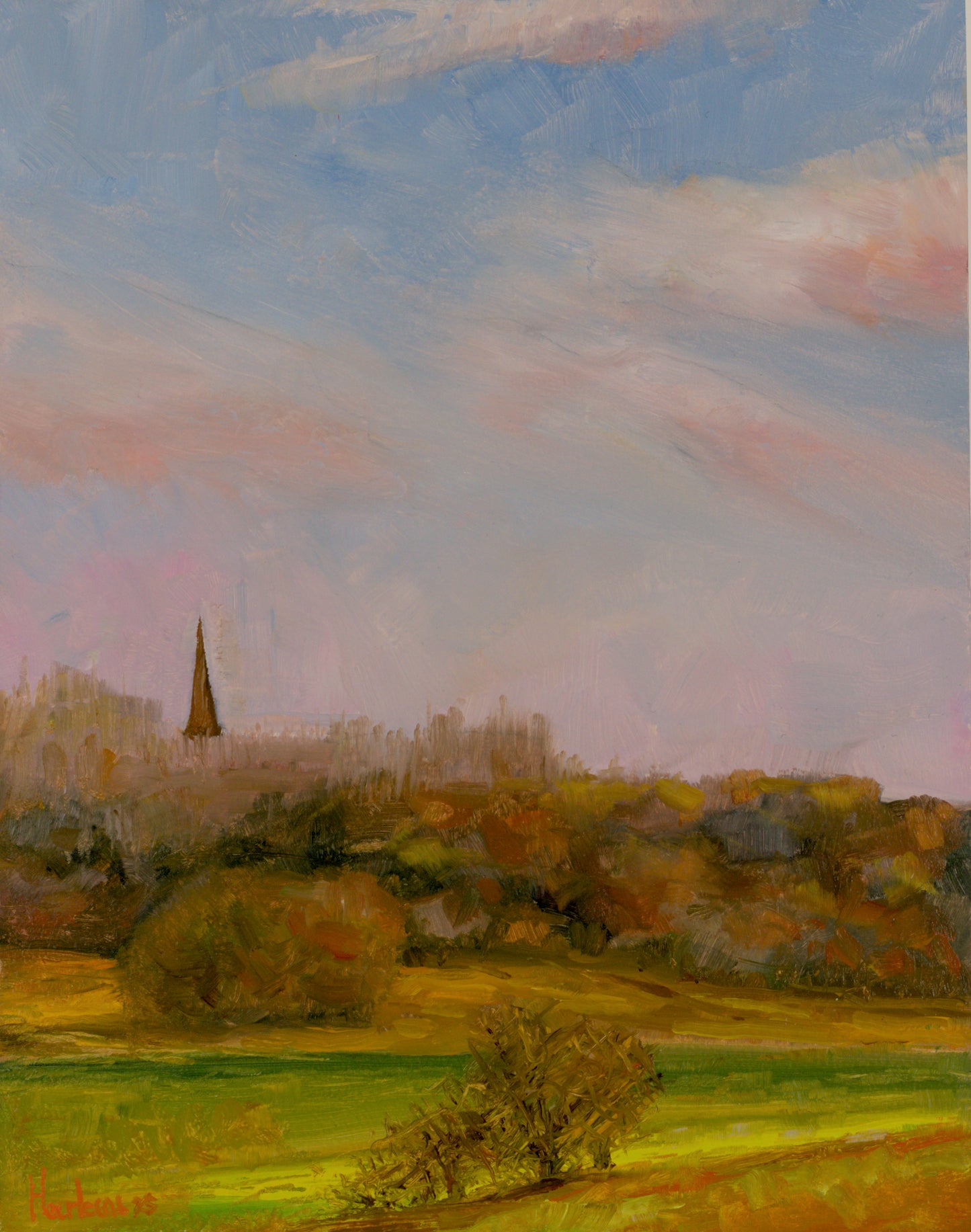 Spire of st Wilfrid's church in the distance from Hic Bibbi nature reserve Plein air oil painting on baltic birch ply panel 10 x 8"