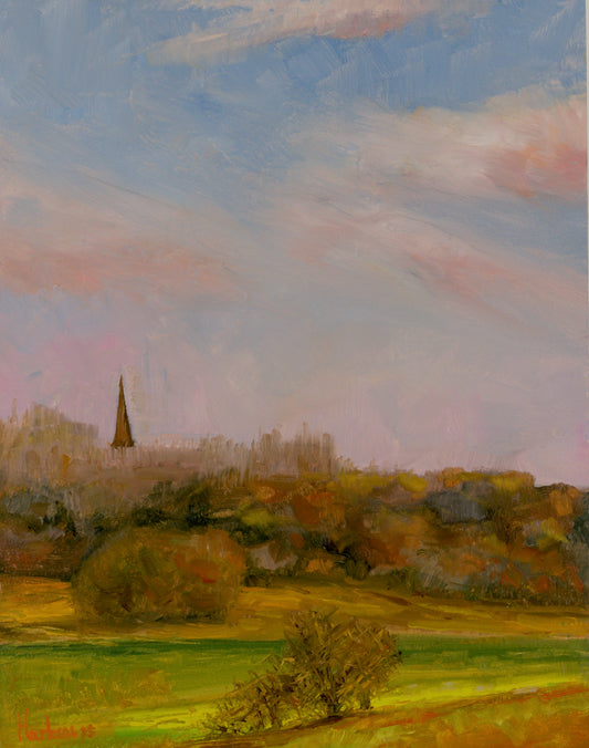 Spire of st Wilfrid's church in the distance from Hic Bibbi nature reserve Plein air oil painting on baltic birch ply panel 10 x 8"