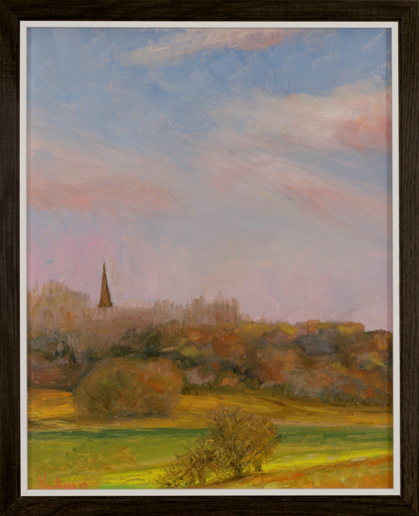 Spire of st Wilfrid's church in the distance from Hic Bibbi nature reserve Plein air oil painting on baltic birch ply panel 10 x 8"