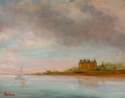 Oil painting of Castle Loevestein from the river Waal on baltic birch ply panel 10 x 8"