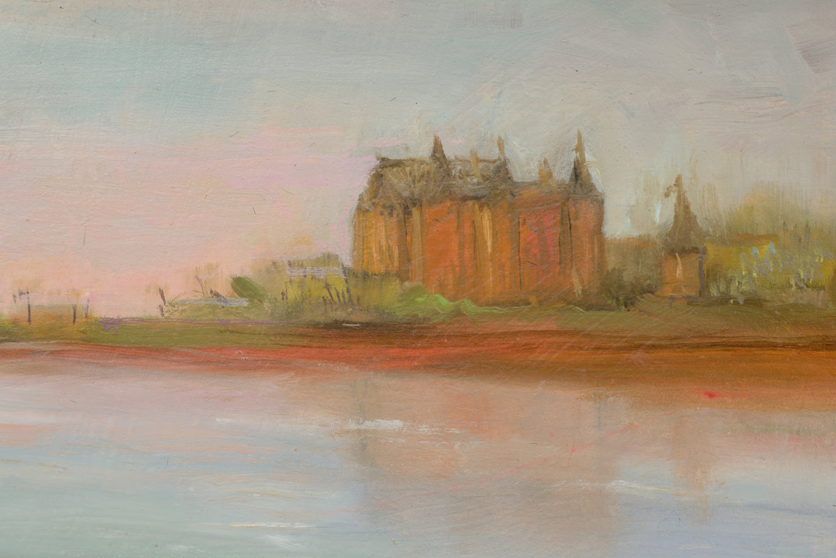 Oil painting of Castle Loevestein from the river Waal on baltic birch ply panel 10 x 8"