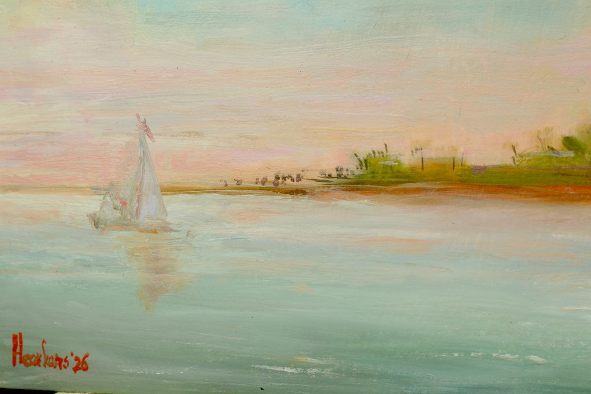 Oil painting of Castle Loevestein from the river Waal on baltic birch ply panel 10 x 8"