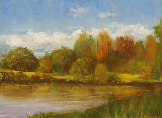 Autumn pond Standish. Original plein air oil painting landscape one of a kind handmade impressionistic 12 x 16 " artwork
