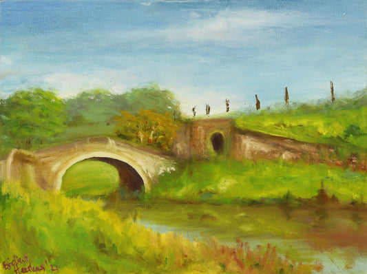 Canal bridge. Original plein air oil painting landscape one of a kind handmade impressionism 12 x 16 " artwork