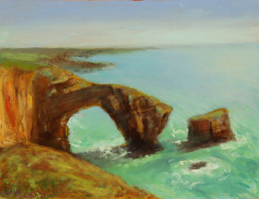 Green Bridge Wales. Original plein air oil painting seascape one of a kind handmade 12 x 16 " artwork impressionim.
