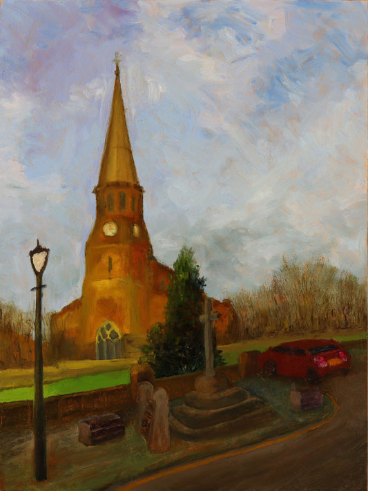 St Wilfrid's Church Standish, Wigan. Original plein air oil painting landscape one of a kind handmade impressionistic 12 x 16 " artwork.