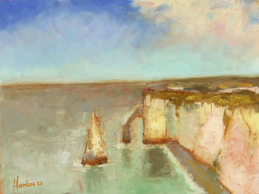 Etretat Cliffs Normandy seascape, France. Original one of a kind handmade oil painting 9 x 12 " impressionist artwork
