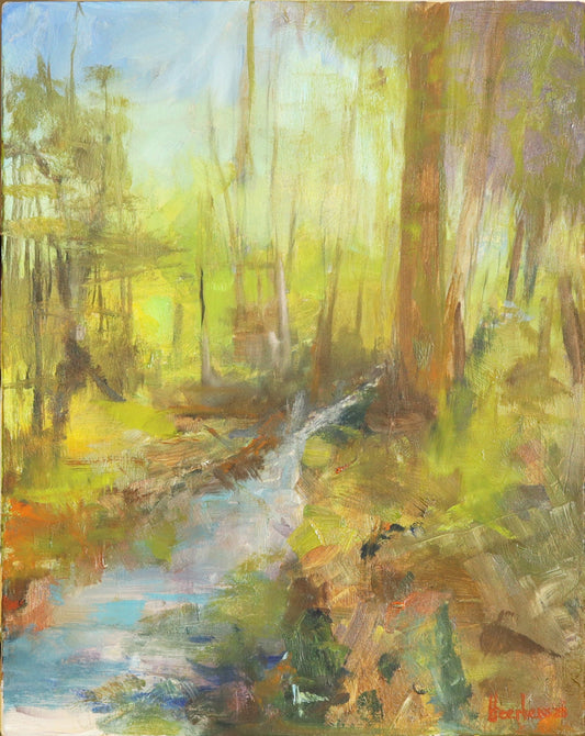 Woodland stream. Original oil painting landscape one of a kind handmade colourful abstract landscape 10 x 8" artwork